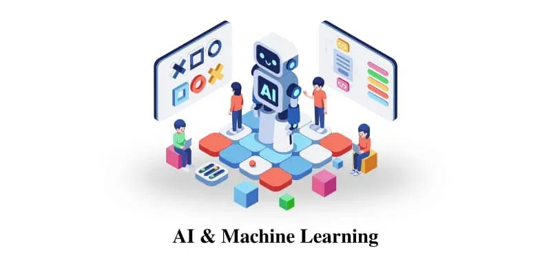 AI and Machine Learning concept with people interacting with data and AI-powered systems in a digital environment.