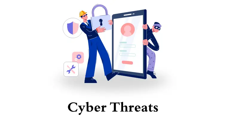 Illustration showing cyber threats with a hacker attempting to breach security, while a worker defends against the attack.