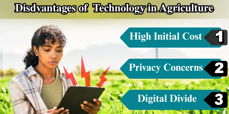 Disadvantages of technology in agriculture: high initial cost, privacy concerns, and the digital divide affecting farmers