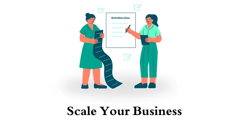 Illustration showing two women discussing business goals, highlighting the importance of scaling and planning for business growth.