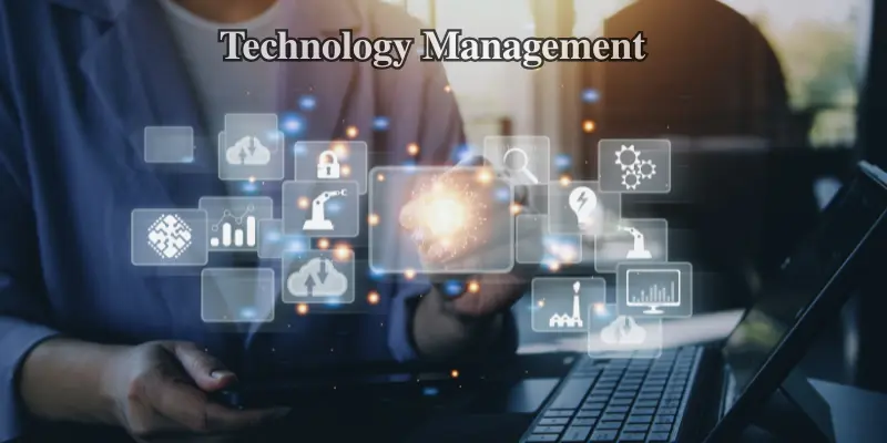 Image showing the idea of technology management through automation, cloud systems, and innovation used by modern professionals.