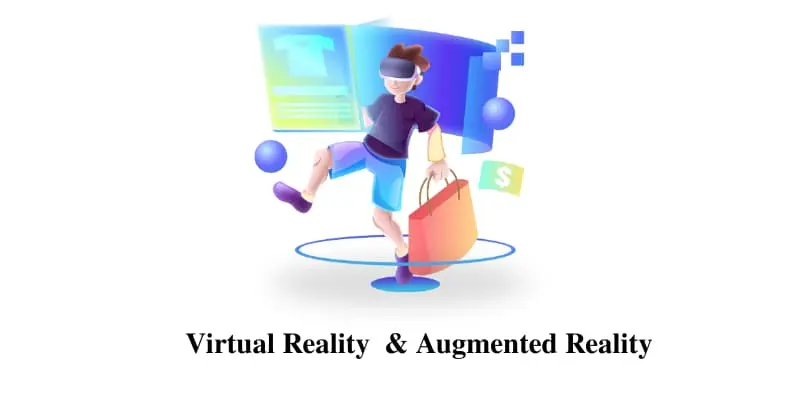 Virtual reality and augmented reality concept with a person interacting with digital content in an immersive shopping experience.